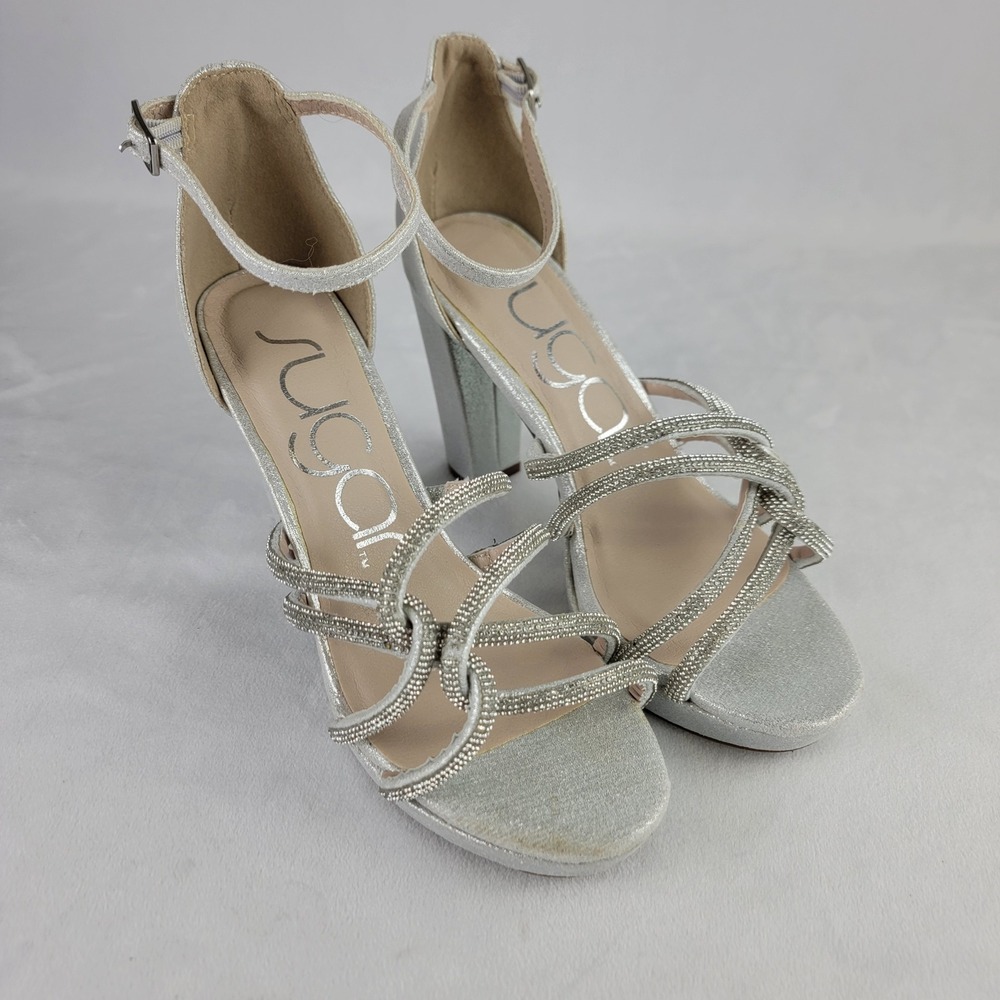 Sugar Silver Shimmer Rhinestone Block Heel Platform Sandals 6M Prom Formal Dance